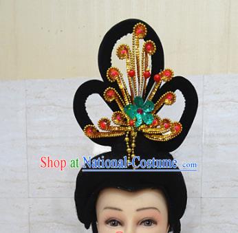 Chinese Traditional Beijing Opera Actress Hair Accessories Ancient Peri Golden Phoenix Hairpins and Wigs for Adults