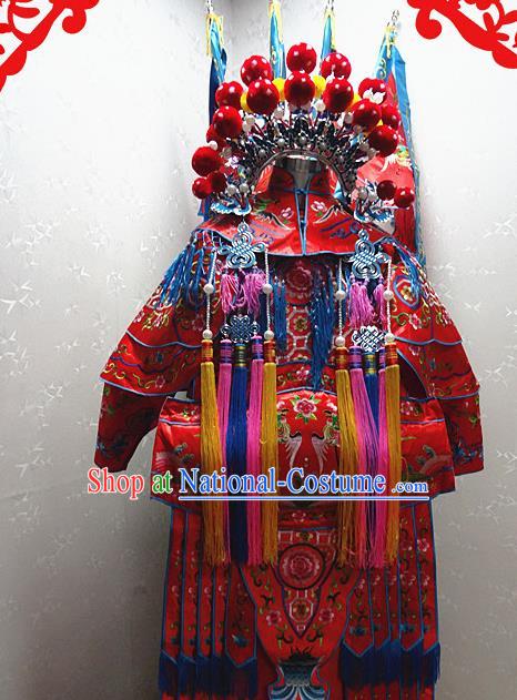 Chinese Traditional Beijing Opera Female General Red Embroidered Clothing Peking Opera Mu Guiying Costume for Adults