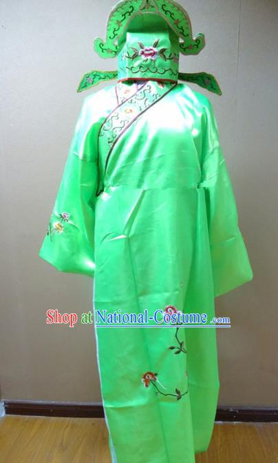 Professional Chinese Traditional Beijing Opera Niche Green Robe Ancient Scholar Embroidered Peony Costume for Adults