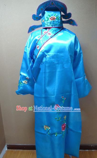 Professional Chinese Traditional Beijing Opera Niche Blue Robe Ancient Scholar Embroidered Peony Costume for Adults