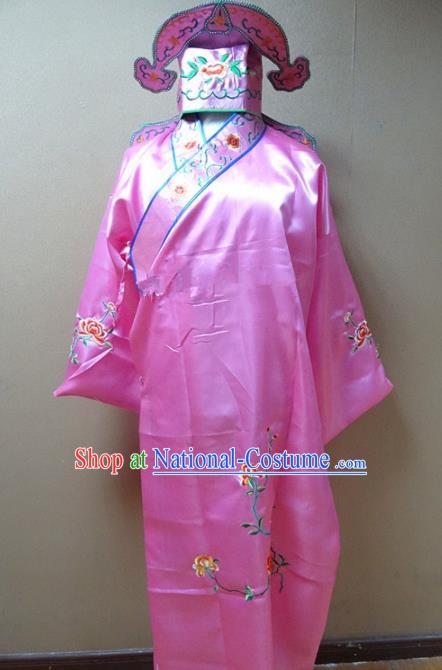 Professional Chinese Traditional Beijing Opera Niche Pink Robe Ancient Scholar Embroidered Peony Costume for Adults