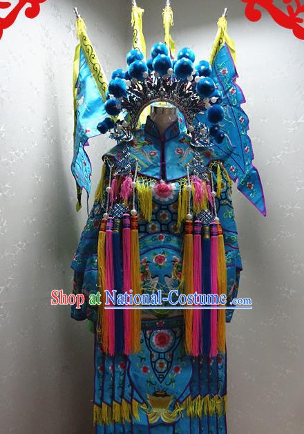 Chinese Traditional Beijing Opera Female General Blue Embroidered Clothing Peking Opera Mu Guiying Costume for Adults