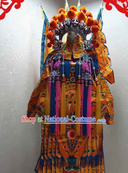 Chinese Traditional Beijing Opera Female General Yellow Embroidered Clothing Peking Opera Mu Guiying Costume for Adults