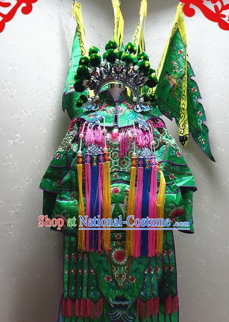 Chinese Traditional Beijing Opera Female General Green Embroidered Clothing Peking Opera Mu Guiying Costume for Adults