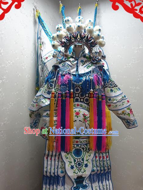 Chinese Traditional Beijing Opera Female General White Embroidered Clothing Peking Opera Mu Guiying Costume for Adults