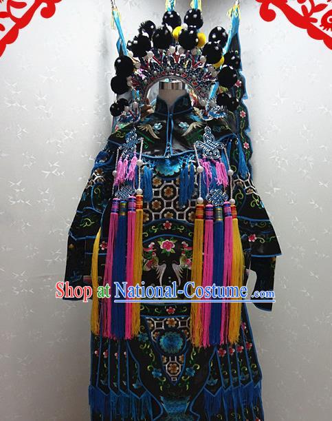 Chinese Traditional Beijing Opera Female General Black Embroidered Clothing Peking Opera Mu Guiying Costume for Adults