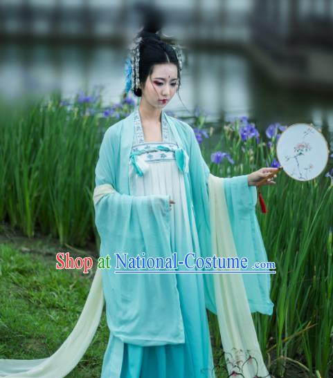 Chinese Ancient Goddess Peri Green Hanfu Dress Traditional Tang Dynasty Imperial Concubine Historical Costume for Women