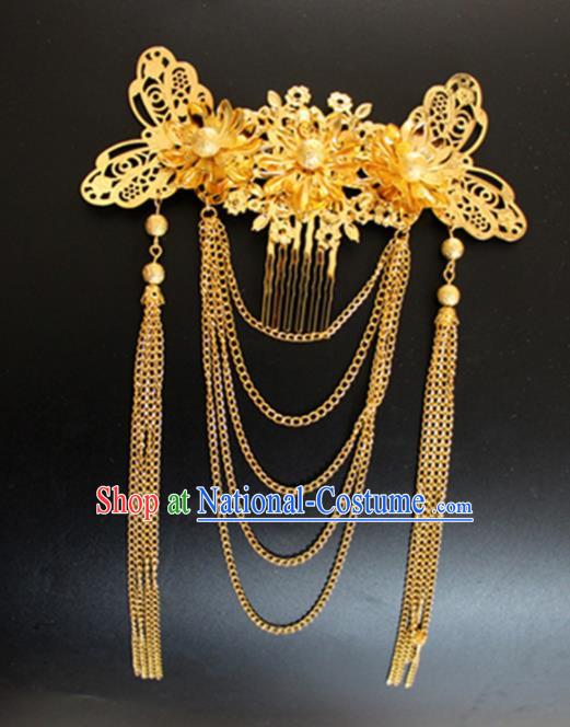 Chinese Traditional Wedding Hair Accessories Ancient Princess Golden Butterfly Tassel Hair Comb for Women