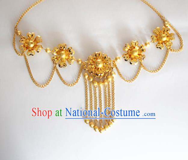 Chinese Traditional Wedding Hair Accessories Ancient Princess Golden Flowers Eyebrows Pendant Frontlet for Women