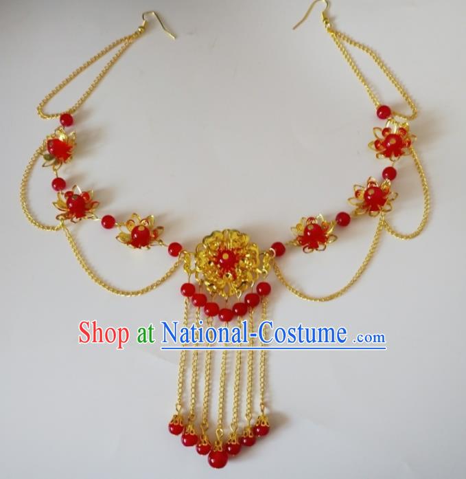 Chinese Traditional Wedding Hair Accessories Ancient Princess Red Beads Eyebrows Pendant Frontlet for Women