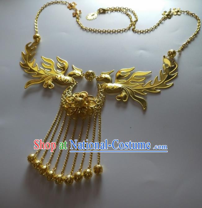 Chinese Traditional Wedding Jewelry Accessories Ancient Princess Golden Phoenix Necklace for Women