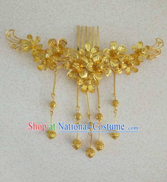 Chinese Traditional Wedding Hair Accessories Golden Flowers Hair Comb Ancient Princess Hairpins for Women