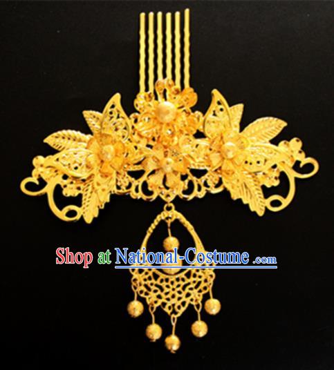 Chinese Traditional Wedding Hair Accessories Golden Leaf Hair Comb Ancient Princess Hairpins for Women