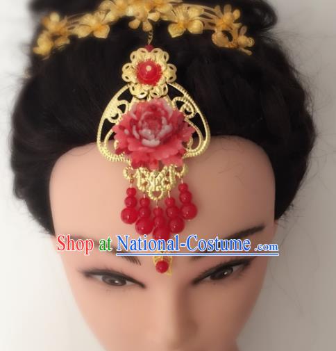 Chinese Traditional Hair Accessories Wedding Red Peony Tassel Eyebrows Pendant Ancient Princess Hairpins for Women