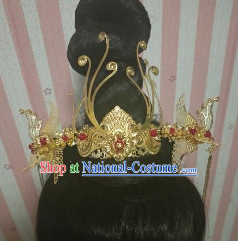 Chinese Traditional Hair Accessories Wedding Golden Phoenix Coronet Hairpins for Women