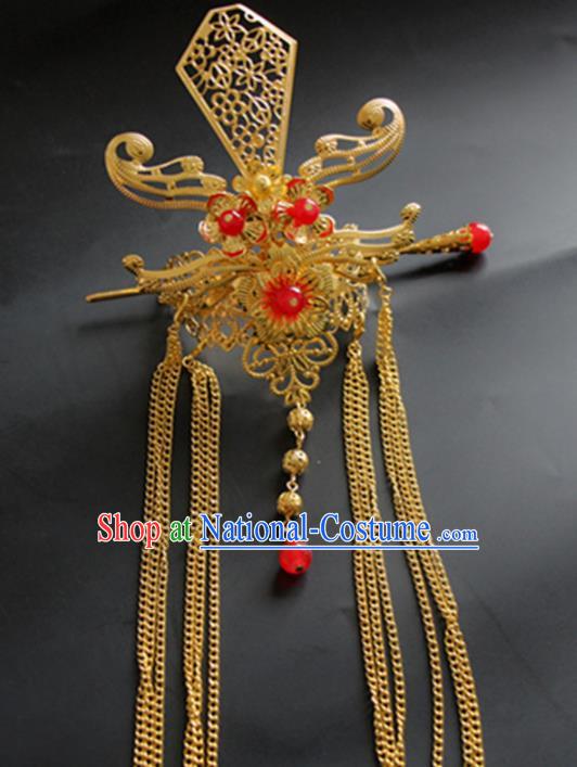 Chinese Traditional Nobility Childe Hair Accessories Hairpins Ancient Swordsman Red Beads Hairdo Crown for Men