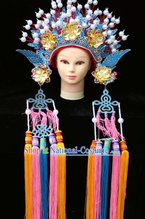 Chinese Traditional Beijing Opera Queen Hair Accessories Ancient Imperial Consort Blue Phoenix Coronet