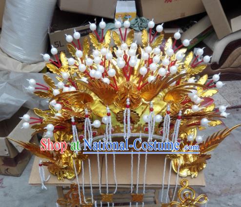 Chinese Traditional Beijing Opera Queen Hair Accessories Ancient Bride Golden Phoenix Coronet