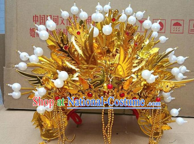 Chinese Traditional Beijing Opera Queen Hair Accessories Ancient Bride Golden Tassel Phoenix Coronet Headwear