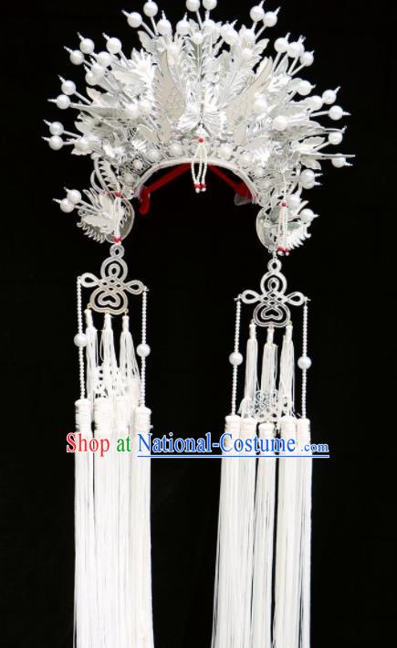 Chinese Traditional Beijing Opera Imperial Consort Hair Accessories Ancient Bride White Phoenix Coronet Headwear