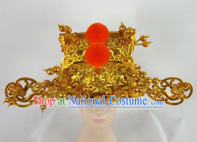 Chinese Traditional Beijing Opera Prime Minister Headwear Ancient Chancellor Golden Hat