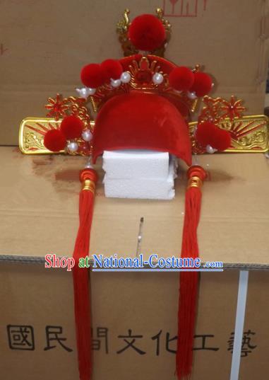 Chinese Traditional Beijing Opera Number One Scholar Headwear Ancient Bridegroom Red Tassel Hat