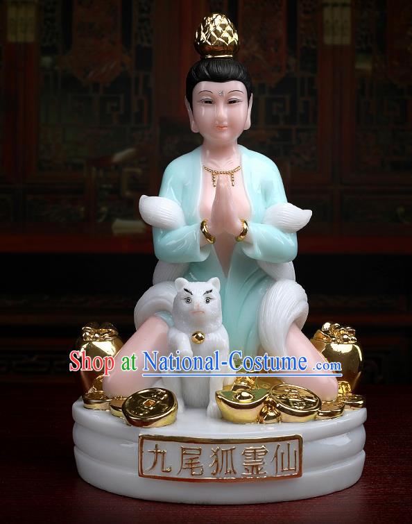 Chinese Traditional Religious Supplies Feng Shui Green Gumiho Goddess Statue Taoism Decoration