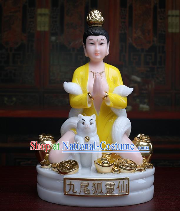 Chinese Traditional Religious Supplies Feng Shui Yellow Gumiho Goddess Statue Taoism Decoration