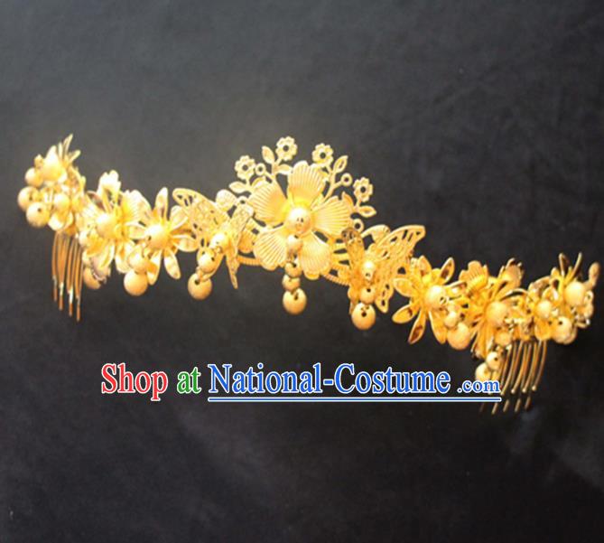 Chinese Traditional Bride Hair Accessories Wedding Golden Tassel Hair Comb for Women