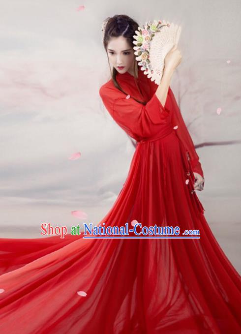 Chinese Ancient Swordswoman Red Hanfu Dress Traditional Han Dynasty Heroine Costume for Women