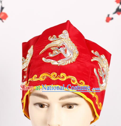 Chinese Traditional Beijing Opera Old Men Headwear Peking Opera Landlord Embroidered Crane Red Hat