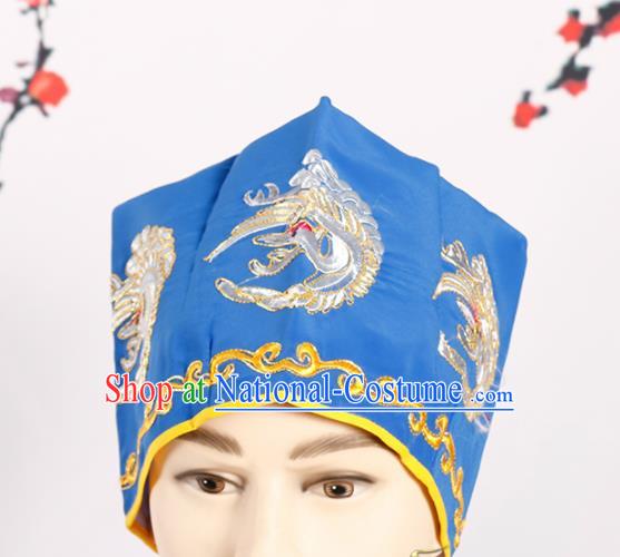 Chinese Traditional Beijing Opera Old Men Headwear Peking Opera Landlord Embroidered Crane Blue Hat