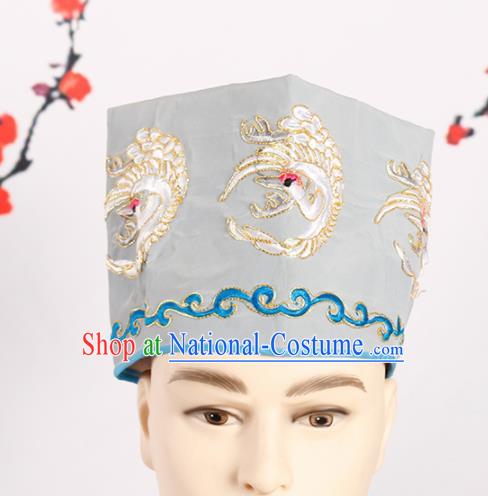 Chinese Traditional Beijing Opera Old Men Headwear Peking Opera Landlord Embroidered Crane Grey Hat