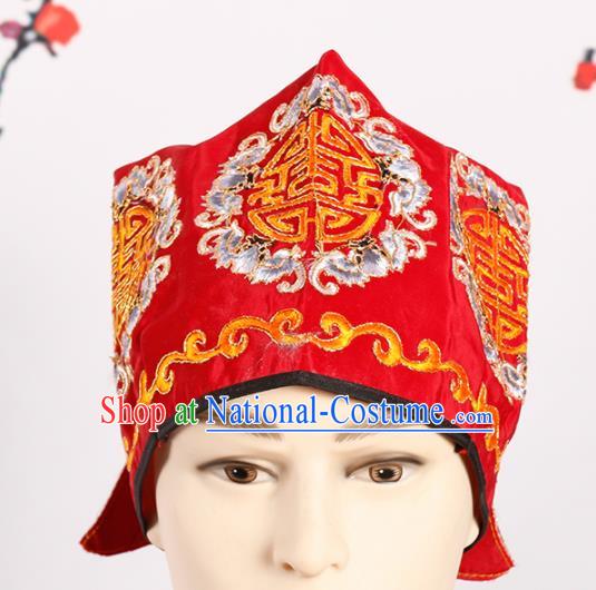 Chinese Traditional Beijing Opera Old Men Headwear Peking Opera Landlord Red Embroidered Hat