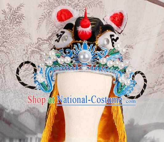 Chinese Traditional Beijing Opera Takefu Headwear Ancient Warrior Black Tiger Head Hat