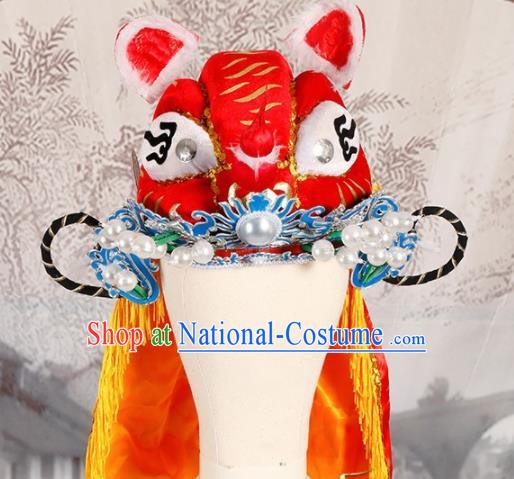 Chinese Traditional Beijing Opera Takefu Headwear Ancient Warrior Red Tiger Head Hat