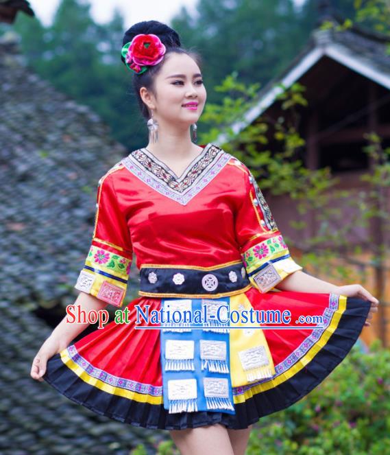 Chinese Traditional Miao Nationality Costume Hmong Ethnic Red Pleated Skirt for Women