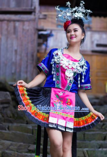 Chinese Traditional Miao Nationality Costume Hmong Ethnic Blue Pleated Skirt for Women