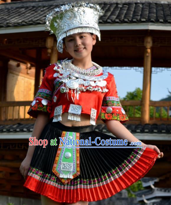 Chinese Traditional Miao Nationality Costume Hmong Ethnic Red Pleated Skirt for Women