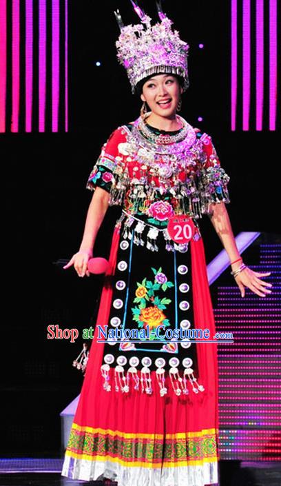 Chinese Traditional Miao Nationality Folk Dance Red Costume Hmong Ethnic Wedding Pleated Skirt for Women