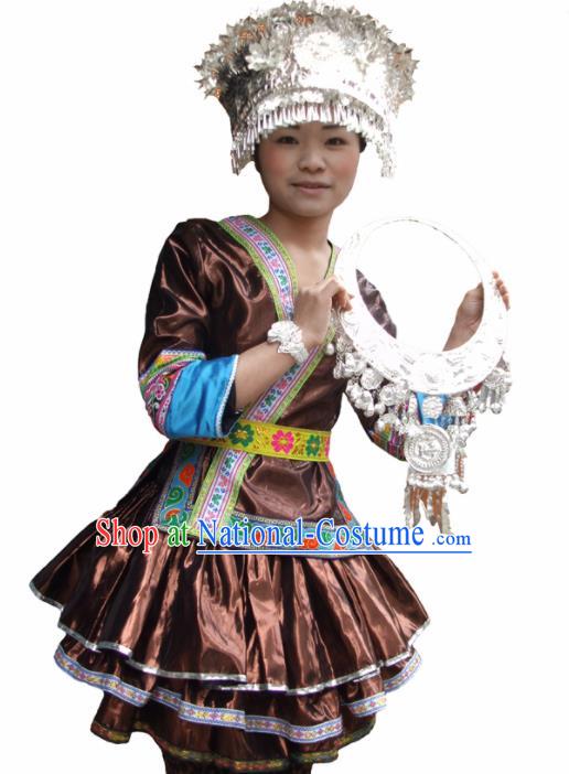 Chinese Traditional Miao Nationality Folk Dance Brown Costume Hmong Ethnic Pleated Skirt for Women