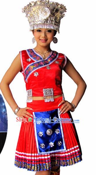 Chinese Traditional Miao Nationality Folk Dance Red Costume Hmong Ethnic Pleated Skirt for Women