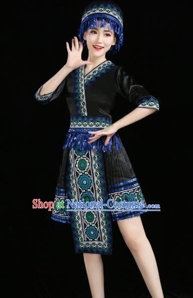 Chinese Traditional Zhuang Nationality Costume Ethnic Folk Dance Black Pleated Skirt for Women