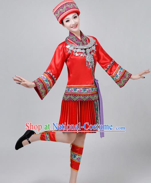 Chinese Traditional Dong Nationality Costume Ethnic Folk Dance Red Pleated Skirt for Women