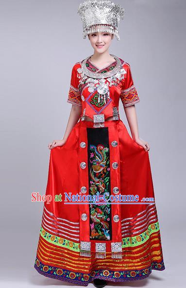 Chinese Traditional Miao Nationality Female Costume Ethnic Folk Dance Red Dress for Women