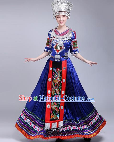 Chinese Traditional Miao Nationality Female Costume Ethnic Folk Dance Royalblue Dress for Women