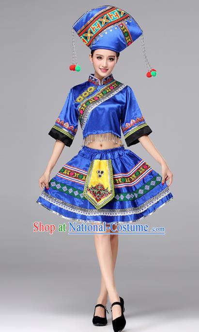 Chinese Traditional Zhuang Nationality Female Costume Ethnic Folk Dance Bride Blue Short Pleated Skirt for Women