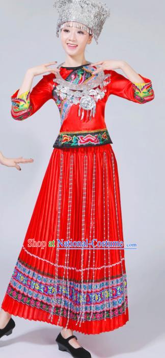 Chinese Traditional Miao Nationality Female Costume Ethnic Folk Dance Bride Red Pleated Skirt for Women