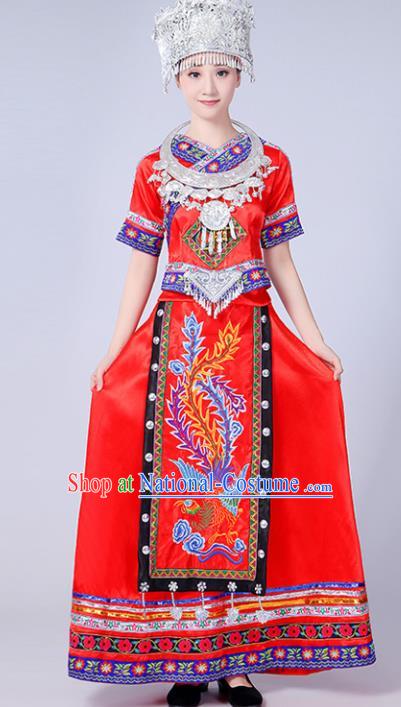 Chinese Traditional Miao Nationality Costume Hmong Female Ethnic Folk Dance Red Long Dress for Women