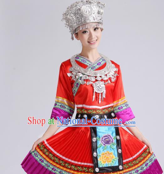 Chinese Traditional Miao Nationality Costume Hmong Female Ethnic Folk Dance Red Pleated Skirt for Women